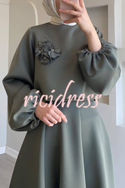 Solid Color Flower-embellished Lantern Sleeve Loose Top and Casual Maxi Skirt Set