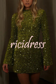 Dora Velvet Sequin High Neck Long Bell Sleeve H-line Mini Dress