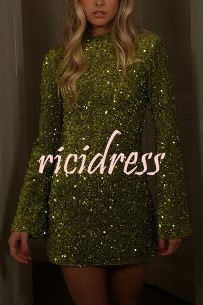 Dora Velvet Sequin High Neck Long Bell Sleeve H-line Mini Dress