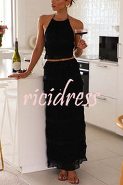 Feel Chic and Romantic Sequin Textured Material Back Elastic Halter Tie Tank and Drawstring Waist Tiered Maxi Skirt Set