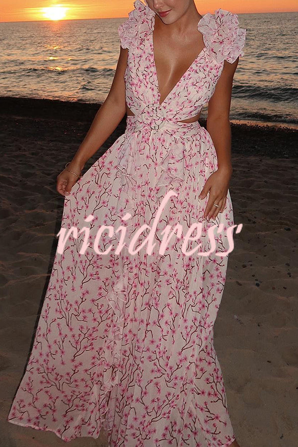 Lost in The Melody Chiffon Printed Flutter Sleeve Cutout Back Lace-up Maxi Dress
