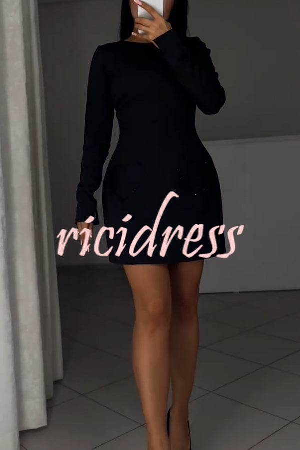 Anna Sparkling Gemstone Trim Heart Pocket Long Sleeve Mini Dress