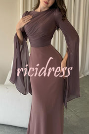 Liora Ruched Organza and Satin Patchwork Design Long Bell Slit Sleeve Maxi Dress