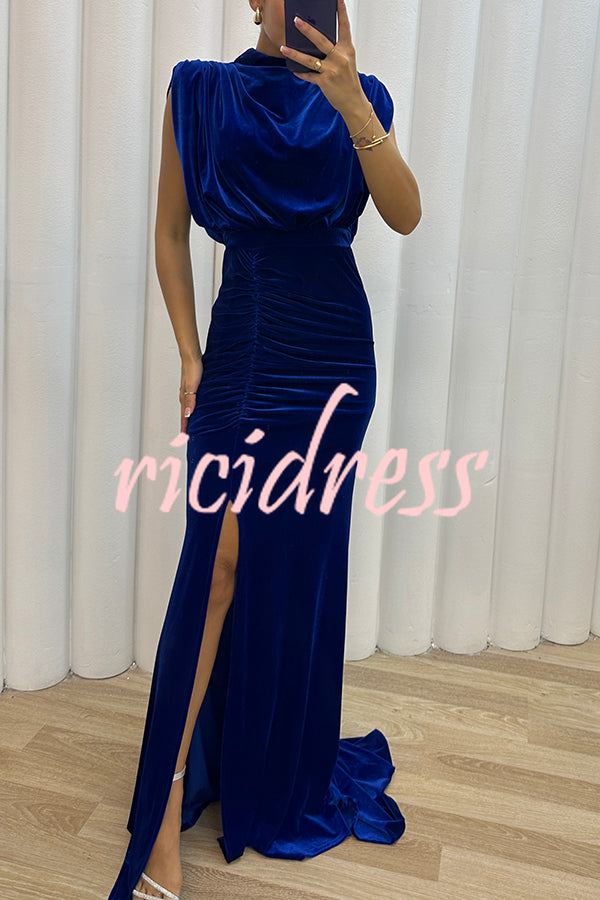Milan Muse Velvet Padded Shoulder Ruched Belt Slit Maxi Dress