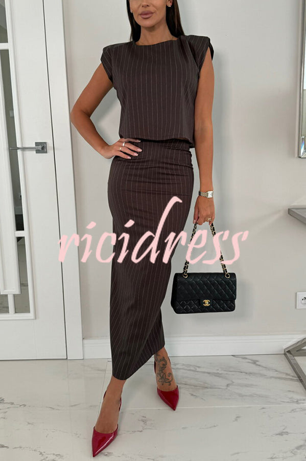 Trendy Business Striped Shoulder Padded Top and Elastic Waist Pencil Slit Skirt Set