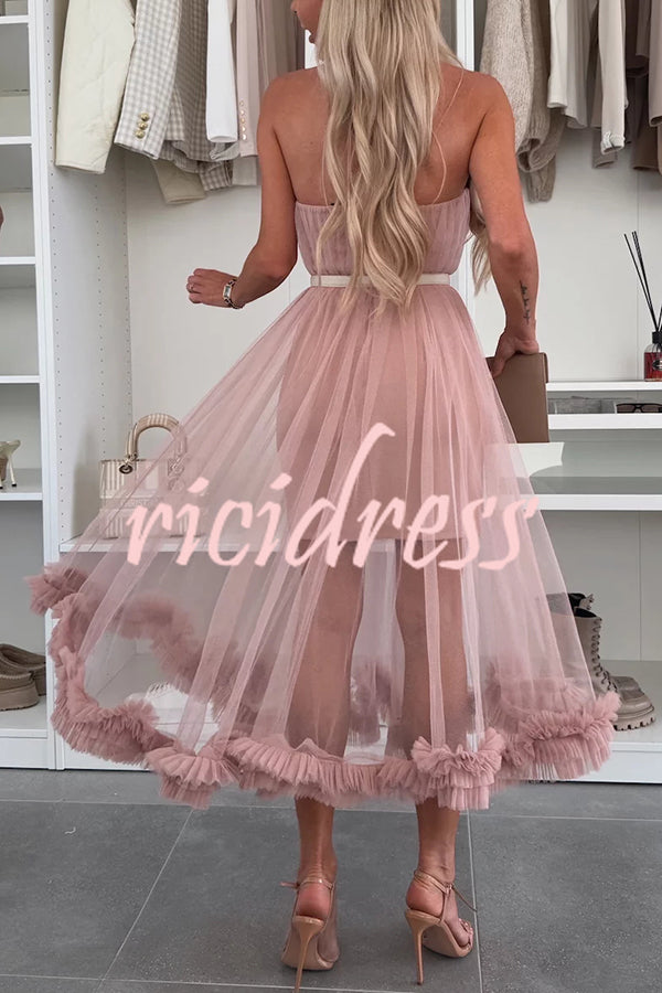 Fairytale Charm Tulle Off Shoulder Ruffles Trim A-line Midi Dress