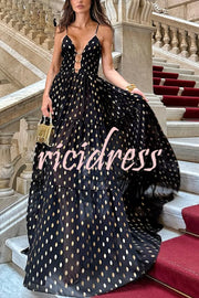 Charming View Chiffon Gold Polka Dot Print Cutout Lightweight Maxi Dress