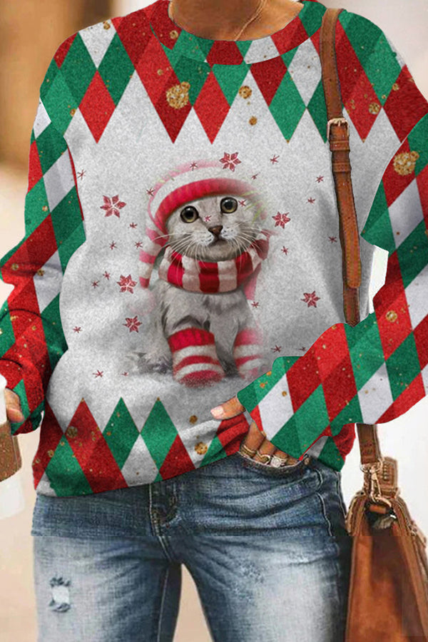Christmas Print Round Neck Long Sleeve Pullover Sweatshirt