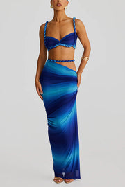 Sexy Halter Back Braided Suspender Top and Beach Holiday Style Hip-wrapped Maxi Skirt Set