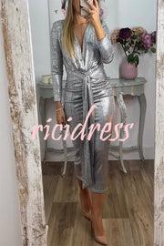 Shiny Lady Metallic Fabric Padded Long Sleeve Tie-up Ruched Midi Dress