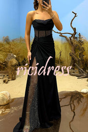 Essie Satin Rhinestone Patchwork Twist Waist Strapless Slit Maxi Dress