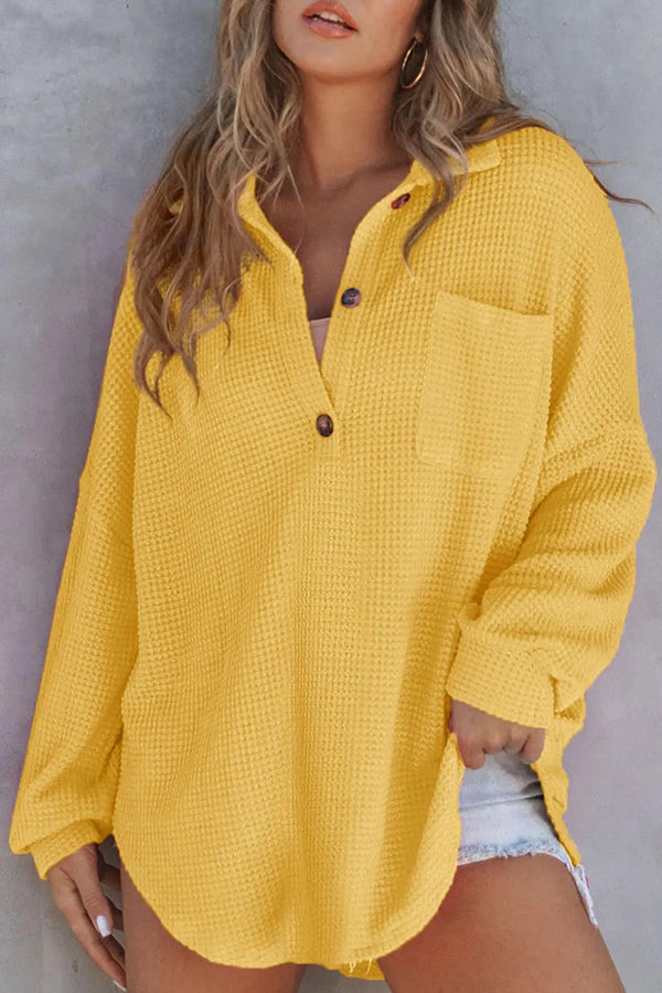 Solid Color Waffle Loose Casual Knitted Pocket Top