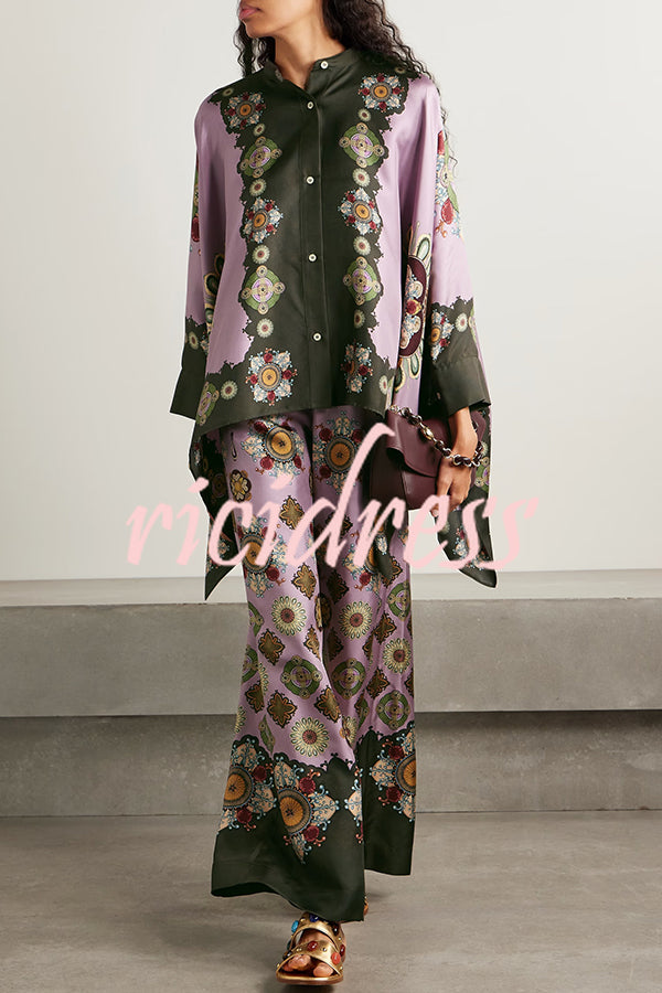 Satin Unique Print Loose Batwing Sleeve Top and Elastic Waist Pocket Casual Wide-leg Pants Set