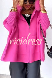 Warm Call Knit Long Sleeve Zipper Plush Hooded Pocket Loose Cardigan