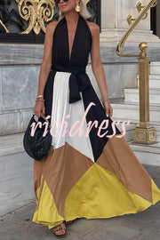 Fashion Colorblock Sexy Backless Tie Waist Full Hem Maxi Dress