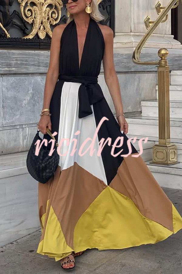 Fashion Colorblock Sexy Backless Tie Waist Full Hem Maxi Dress