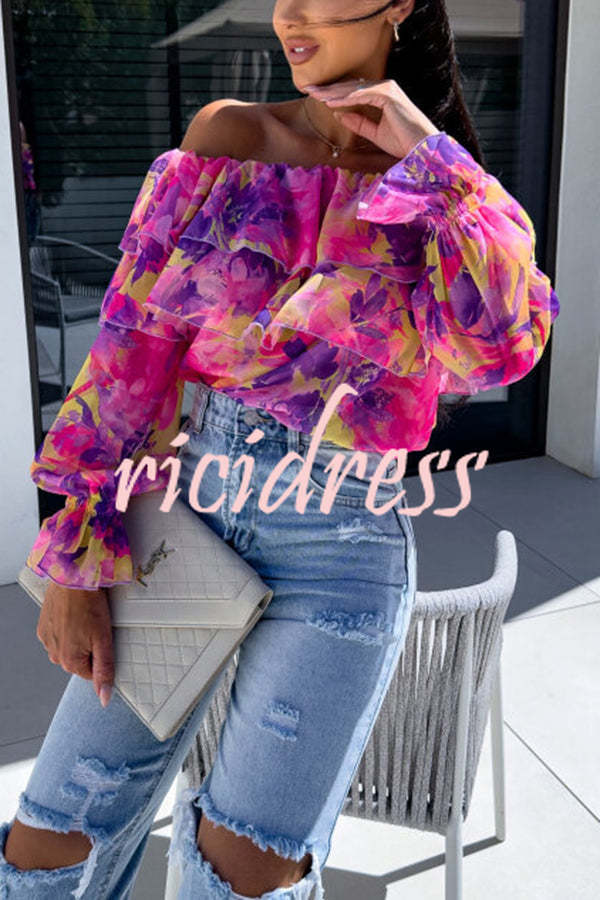 Colorful Botanical Print Sexy Off-shoulder Ruffle Top