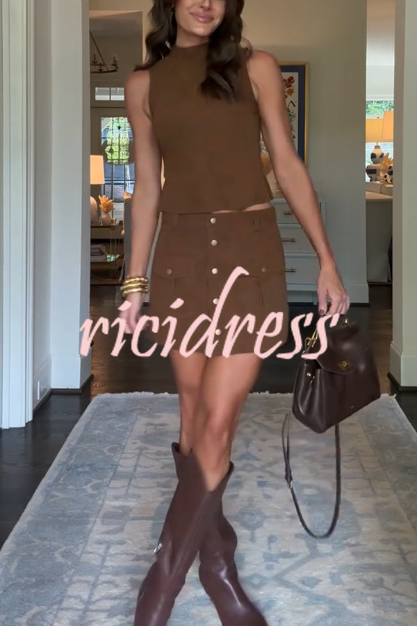 Autumn Atmosphere Faux Suede High Neck Zipper Tank and Button-Front Pocket Mini Skirt