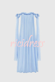 Fairy Spirit Tulle Braided Neckline Tie Arm Straps Pleated Maxi Dress