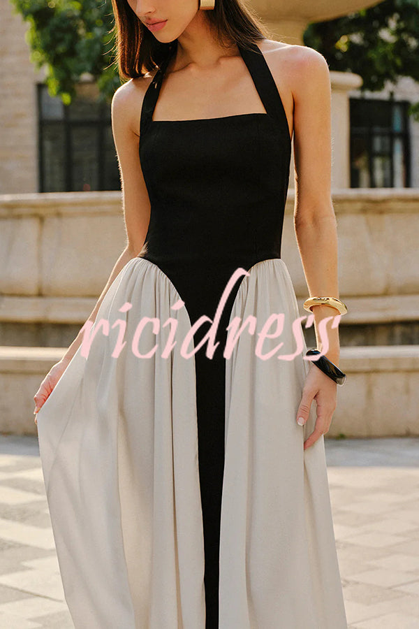 Fashion Contrast Color Stitching Sleeveless Backless Slim Maxi Dress