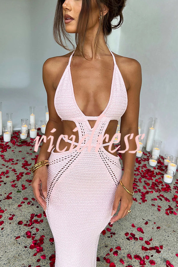 Effortlessly Cool and Sexy Knit Crochet Cutout Halter Tie-up Stretch Maxi Dress
