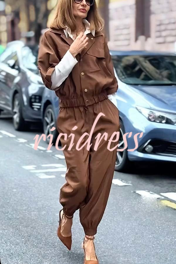 Street Charm Glossy Fabric Button Pocket Cargo Jacket and Elastic Waist Jogger Pants Set