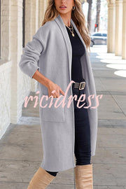 Solid Color Long-sleeved Casual Loose Pocket Mid-length Cardigan