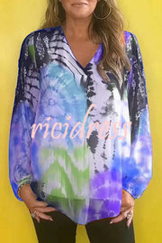 Fashionable Gradient Tie-dye V-neck Long-sleeved Casual Shirt