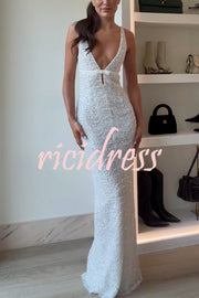 Festival Shines Sequin Beaded Mesh Bow Cutout Detail Slit Maxi Dress