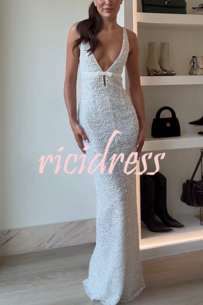 Festival Shines Sequin Beaded Mesh Bow Cutout Detail Slit Maxi Dress