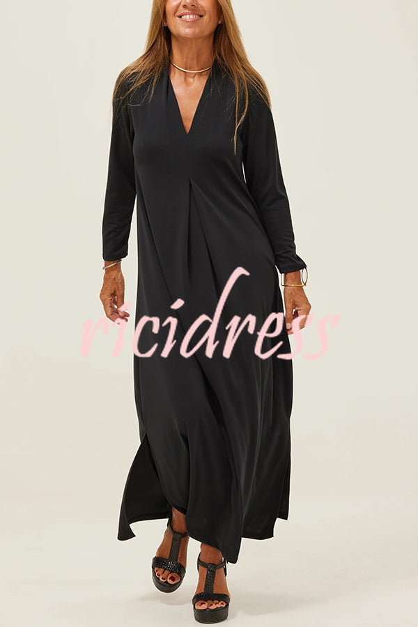 Solid Color V-neck Casual Slit Maxi Dress