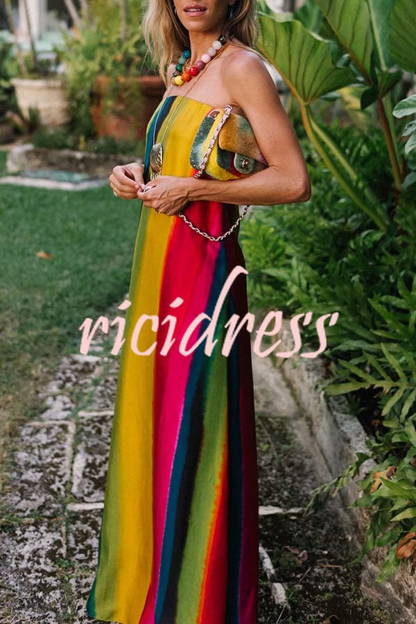 Artistic Rainbow Satin Watercolor Print Off Shoulder Pocketed H-line Maxi Dress