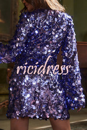 Fashionable and Dazzling Large Sequins Long Bell Sleeve H-line Mini Dress