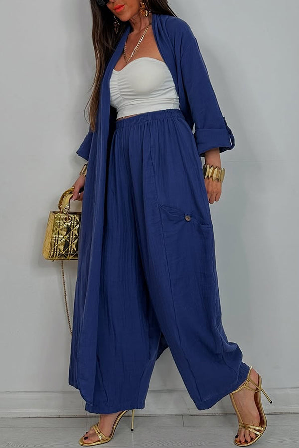 Solid Color Loose-fitting Long-sleeved Cardigan with Pockets and Elastic Waist Casual Wide-leg Pants Set