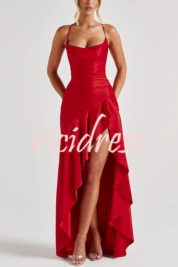 Solid Color Sexy Backless Lace-up Irregular Ruffled Maxi Dress