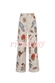 Angel Wings Denim Unique Print Mid Rise Pocket Loose Pants