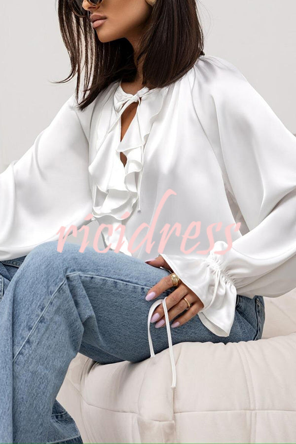 Satin Solid Color V-neck Tie Ruffle Casual Shirt