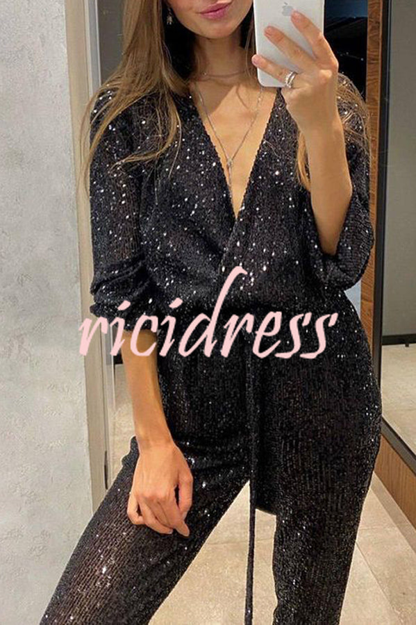 Cheers To You Sequin Long Sleeve Belted Wrap Loose Jumpsuit