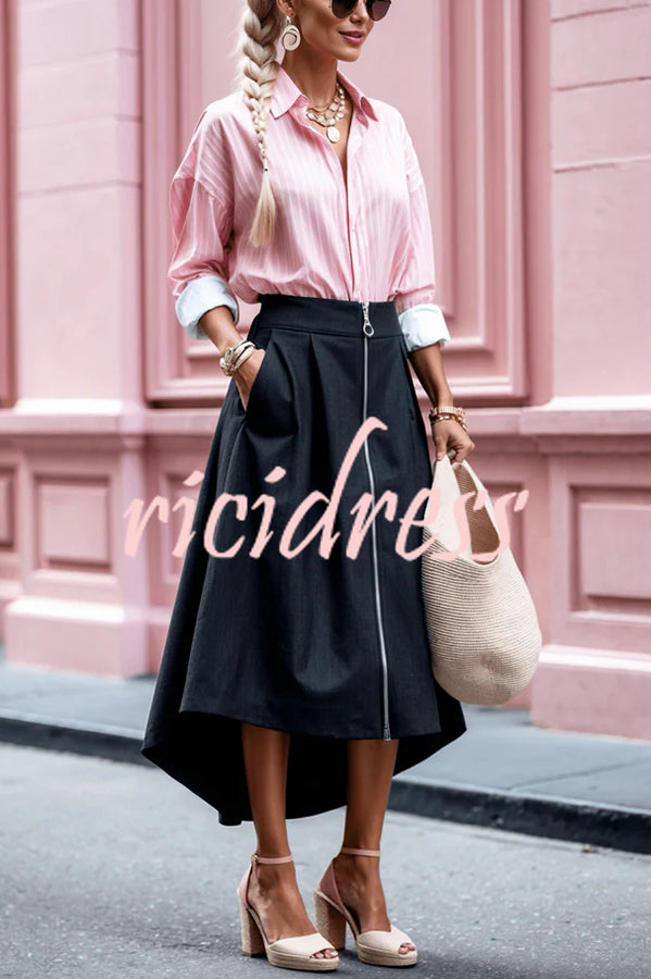 Effortless Charm Front Zipper Detail Pocketed High Low Pleated Midi Skirt