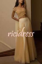 Romance Factor Satin Patchwork Tulle High Rise Elastic Waist A-line Maxi Skirt