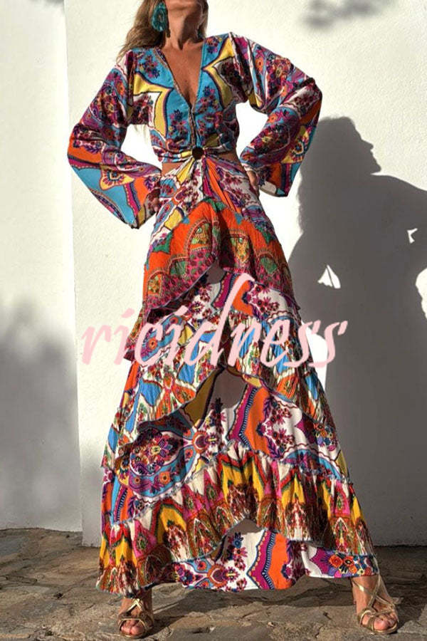 Colorful Day Unique Print Bell Sleeve Cutout Waist Layered Maxi Dress