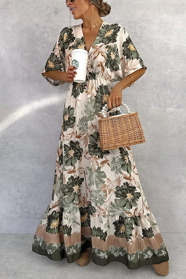 Floral Print V-neck Short Sleeve Waist Loose Full Hem Maxi Dress