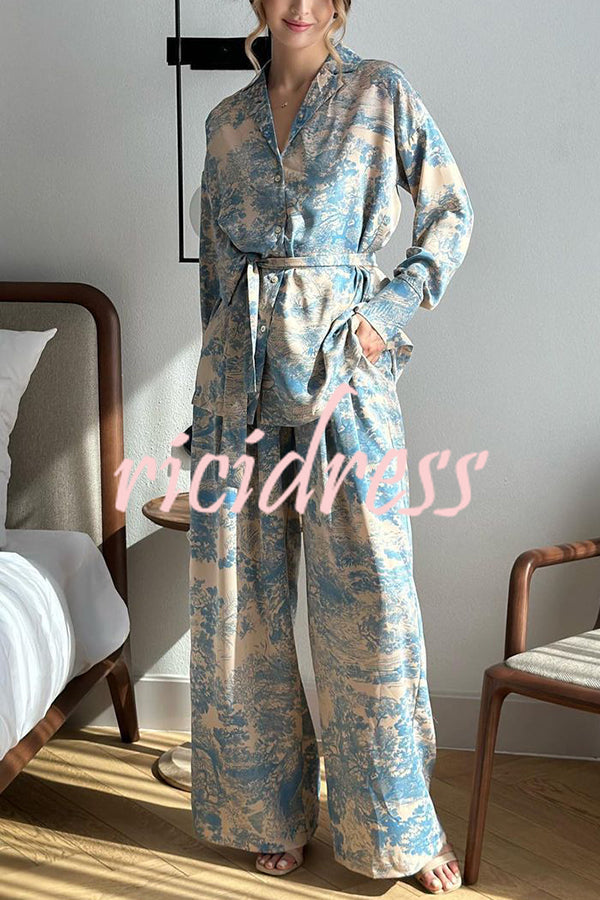 Unique Print Long-sleeved Tie Shirt and Elastic High-waist Wide-leg Pants Set