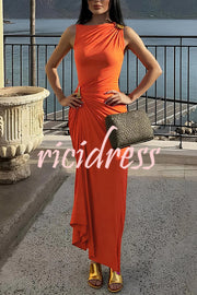 Fashionable Metallic Embellishments Pleated Sleeveless Slim-fit Maxi Dress