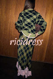 Holiday plaid Satin Unique Print Patchwork Lace Stretch Waist Draped Maxi Skirt