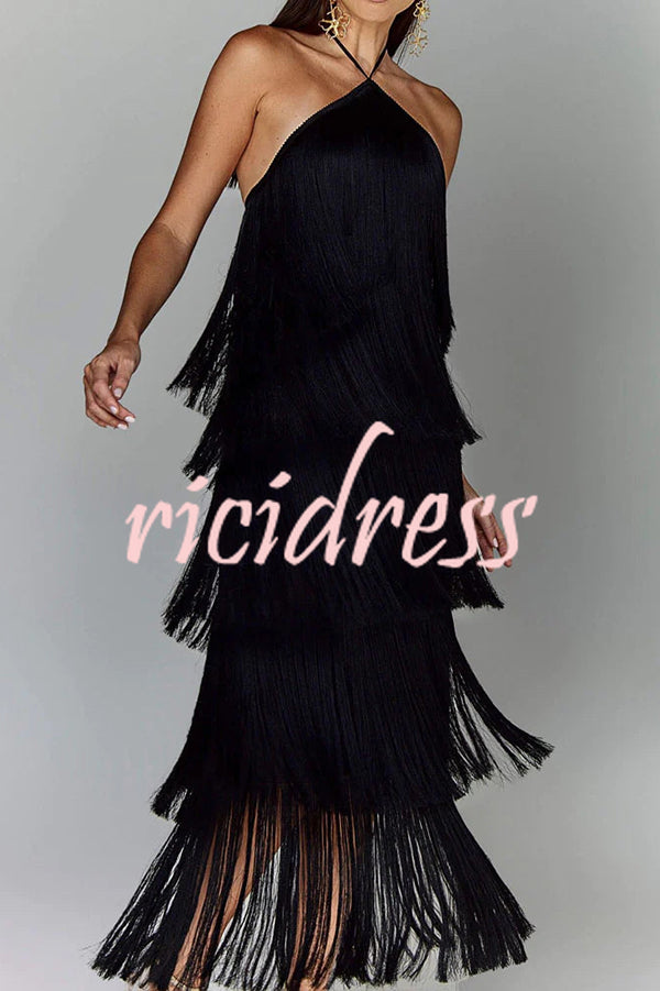 Sexy Halterneck Backless Elegant Fringe Maxi Dress