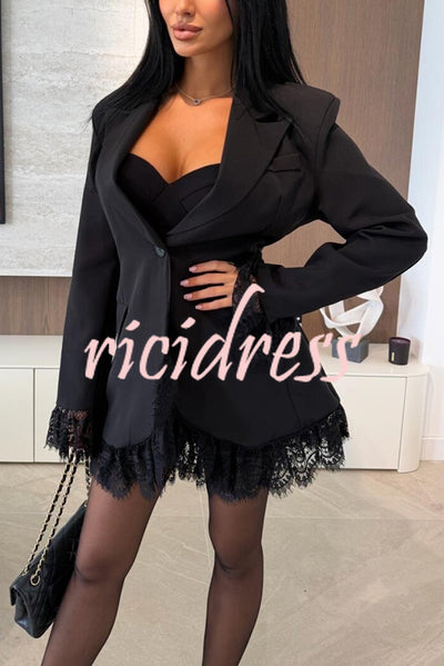 Amazing Items Lace Trim Button Up Long Sleeve Lapel Loose Blazer