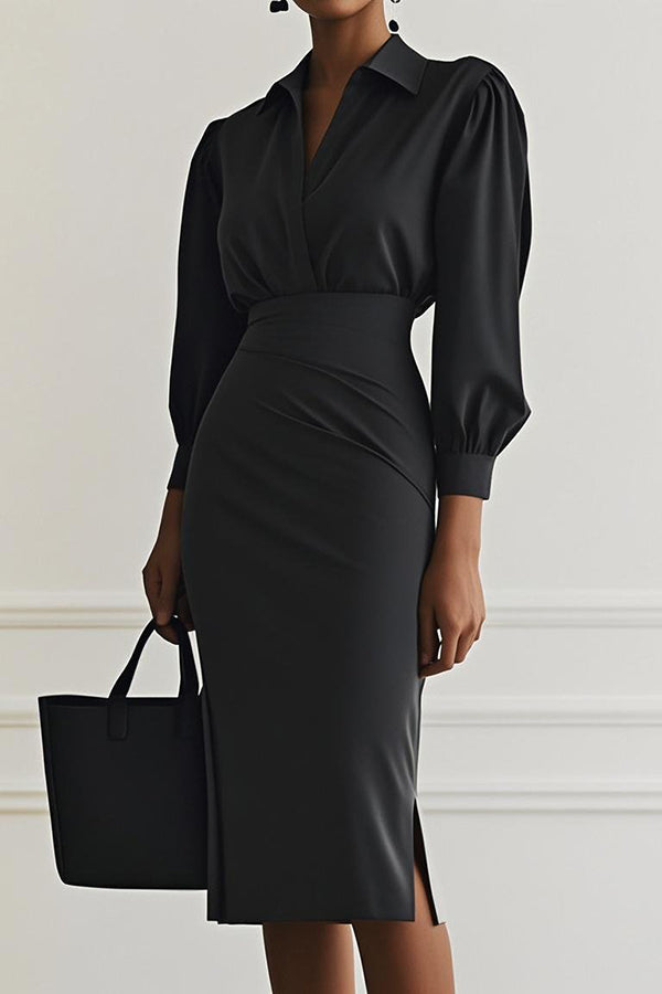 Fashion Lapel Long Sleeve Slim Waist Midi Dress