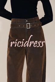 Taylor Denim Mid Rise Detachable Belt Flocked Pocket Wide Leg Jeans