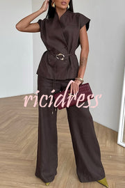 Modern City Double Breasted Belted Wide Short Sleeve Suit and Elastic Waist Loose Pants Set